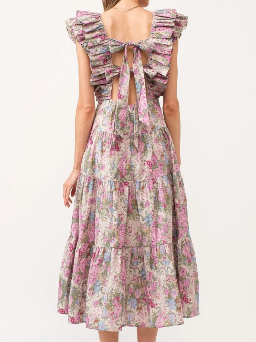 Sofie the Label Floral Ruffle Tie Back Tiered Midi Dress